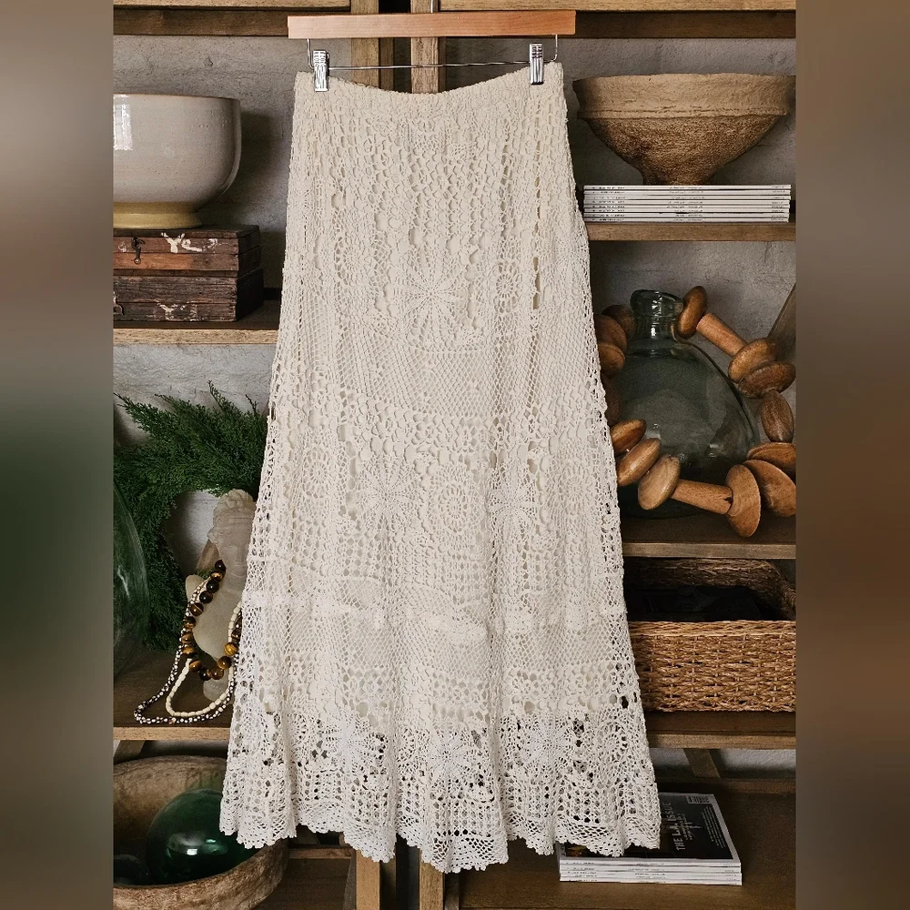 Pat Dahnke Made In Texas Cotton Crochet Maxi Skirt in Cream M/L - Picture 8 of 8